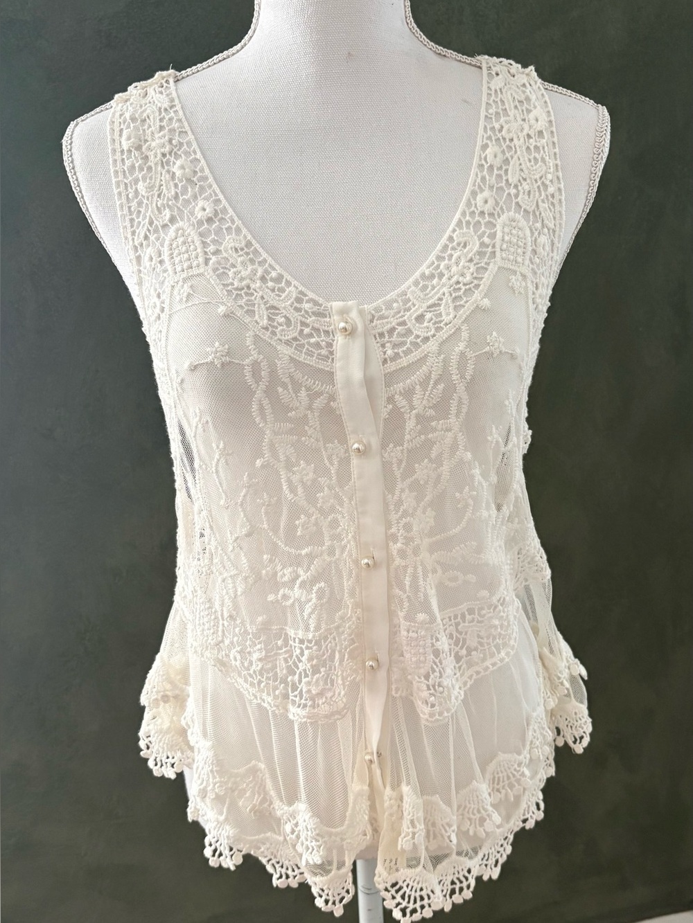 VENUS Pearl Button Up Front Crocheted Sleeveless Dainty Romantic Vest.